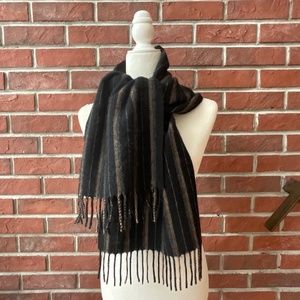 Pure Lambswool Black Grown Striped Fringed Unisex Scarf 64”x12” NWOT